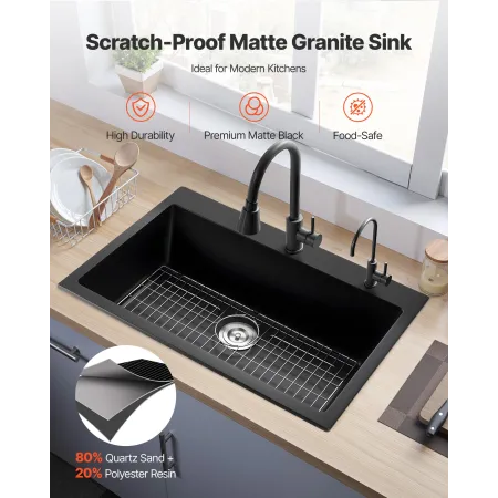 84 cm Kitchen Sink Workstation, Top Mount Granite Sinks, Drop-In Single Bowl Farmhouse Basin with Multiple Accessories, Househol