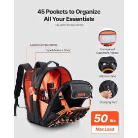 VEVOR Værktøjsrygsæk, 45 lommer, kraftige værktøjsopbevaringsorganer arbejdstasker med laptoprum og forstærket stofbase,