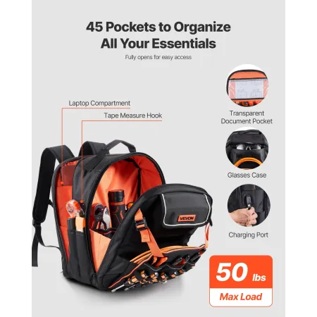 Tool Backpack, 45 Pockets, Heavy-duty Tools Storage Organizer Work Bags with Laptop Compartment & Reinforced Fabric Basee, Elect