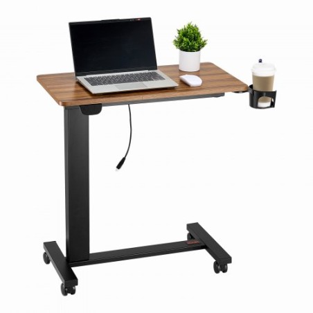 Overbed Table Mobile Bed Side Desk With Electric Lifting & 4 Wheels Wood