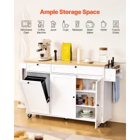 VEVOR Kitchen Island Cart with Storage, 153 cm Wide Mobile Kitchen Cart with Wheels, Drop Leaf, 2 Drawers, Trash Can Cabinet, Kn