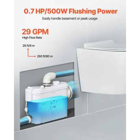 Macerator Pump, 500W, 6600 L/h Flow, 26.2 ft/8 m Head, Macerator Sewerage Sump Pump with 3 Water Inlets for Toilet, Basement, Ki