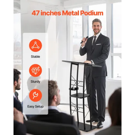 VEVOR-podiestativ, 1180 mm metaltalerstol, buet stående podium med bred læseflade, åbent opbevaringsrum, bogstop