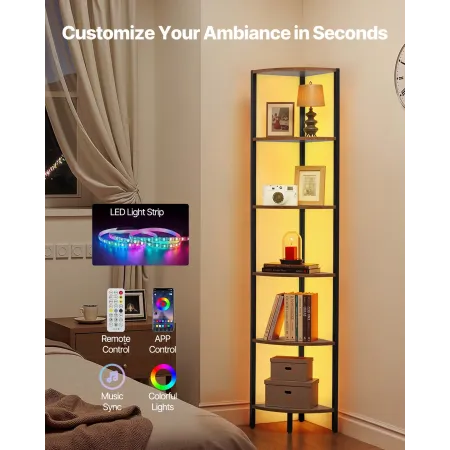 6 Tier Corner Shelf, Tall Corner Stand with LED Light, Wall Shelves Tower Storage Organizer with Metal Frame & Wooden Shelves, N