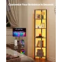6 Tier Corner Shelf, Tall Corner Stand with LED Light, Wall Shelves Tower Storage Organizer with Metal Frame & Wooden Shelves, N