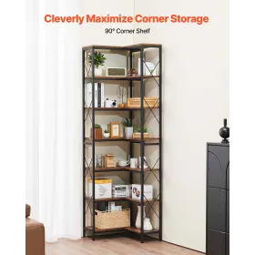 VEVOR 7-tiers hjørnebogreol, høj hjørnereol Strage, stor L-formet bogreol med metalramme og træhylder