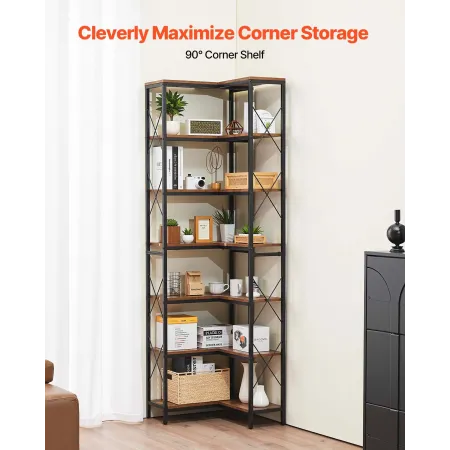 7 Tier Corner Bookshelf, Tall Corner Bookcase Strage, Large L-Shaped Bookshelf Organizer with Metal Frame & Wooden Shelves, Reve