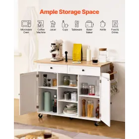 VEVOR Kitchen Island Cart, med massiv træplade og opbevaringsskab, mobilt rullebord med drop Leaf, skuffer, krydderihåndklæde Ra