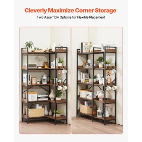 5 Tier Corner Bookshelf, Tall Corner Bookcase with 4 Hooks, L-Shaped Bookshelf Organizer with Metal Frame & Wooden Shelves, Reve
