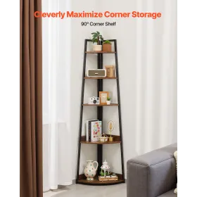 5 Tier Corner Shelf, Tall Corner Bookshelf Plant Rack, Wall Shelves Tower Storage Organizer with Metal Frame & Wooden Shelves, N