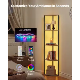 5 Tier Corner Shelf, Tall Corner Stand with LED Light, Wall Shelves Tower Storage Organizer with Metal Frame & Wooden Shelves, N