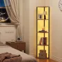 5 Tier Corner Shelf, Tall Corner Stand with LED Light, Wall Shelves Tower Storage Organizer with Metal Frame & Wooden Shelves, N