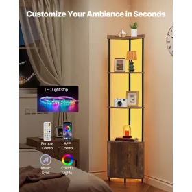 5 Tier Corner Shelf, Tall Corner Stand with LED Light and Doors, Wall Shelves Tower Storage Organizer, Metal Frame & Wooden Shel