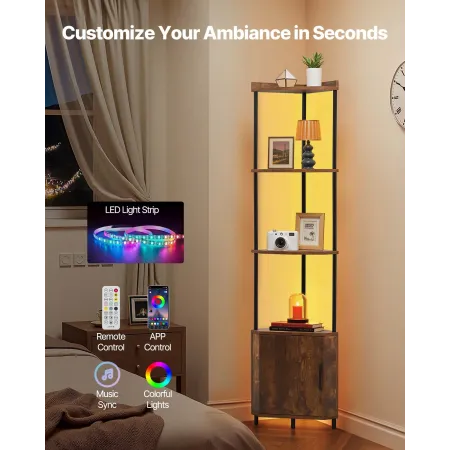 VEVOR 5 Tier Corner Shelf, Tall Corner Stand with LED Light and Doors, Wall Shelves Tower Storage Organizer, Metal Frame & Woode