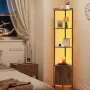 5 Tier Corner Shelf, Tall Corner Stand with LED Light and Doors, Wall Shelves Tower Storage Organizer, Metal Frame & Wooden Shel