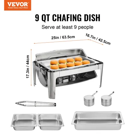 Rektangel rulle top chafing skål med 9qt pan visuelt glas låg