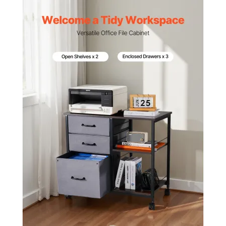 VEVOR Metal File Cabinet, Mobile Filing Cabinet with 3 Fabric Drawers and 2 Open Shelves, Wooden Vertical Filing Storage Cabinet
