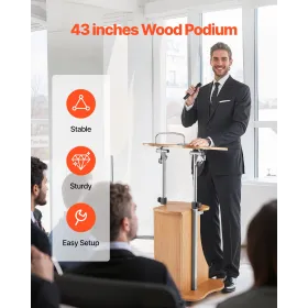 Podium Stand, 1100 mm Wooden Lectern, Portable Laptop Desk with Lockable Wheels, Wide Reading Surface and Open Storage Area, Adj