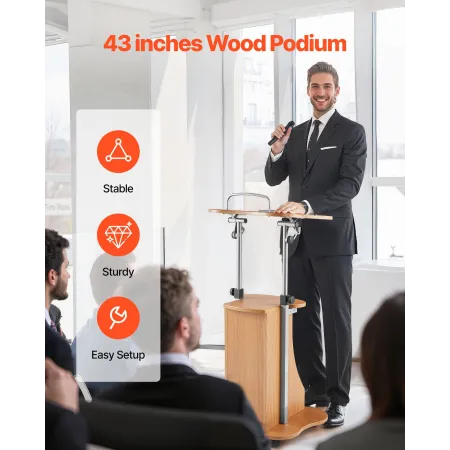 Podium Stand, 1100 mm Wooden Lectern, Portable Laptop Desk with Lockable Wheels, Wide Reading Surface and Open Storage Area, Adj