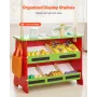 Wooden Puppet Theater with Curtains, 2-in-1 Reversible Play Store, Double-Sided Grocery Store Playset with Chalkboard & Cash Reg