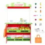 Wooden Puppet Theater with Curtains, 2-in-1 Reversible Play Store, Double-Sided Grocery Store Playset with Chalkboard & Cash Reg