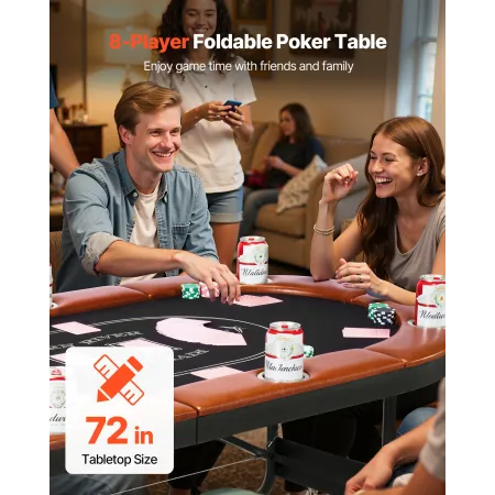 Foldable Poker Table, 8 Player 1828.8 mm Folding Casino Leisure Table with Padded Rails & Cup Holders, Oval Portable Game Tables