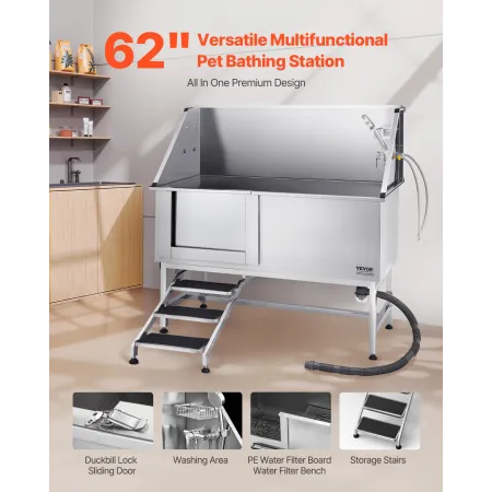 VEVOR Stainless Steel Dog Washing Station, 157.48 cm Pet Grooming Tub w/ Stairs, PE Water Filter Board, Faucet & Showerhead & So