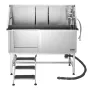 Stainless Steel Dog Washing Station, 157.48 cm Pet Grooming Tub w/ Stairs, PE Water Filter Board, Faucet & Showerhead & Soap Hol