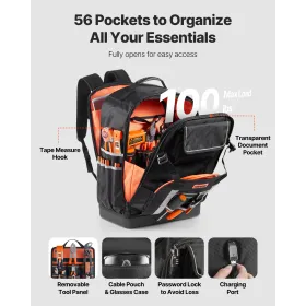 Tool Backpack, 56 Pockets, Heavy-duty Tools Storage Organizer Bags with Molded Base, Electrician Jobsite Backpack for Constructi