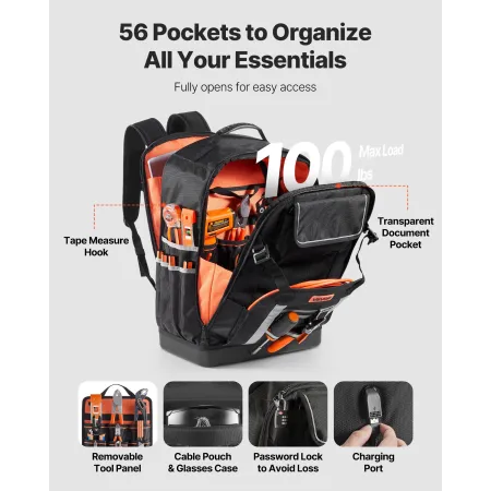 VEVOR Tool Backpack, 56 Pockets, Heavy-duty Tools Storage Organizer Bags with Molded Base, Electrician Jobsite Backpack for Cons