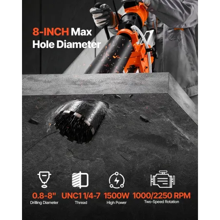 Diamond Core Drilling Machine, 200 mm Drilling Diameter, 2-in-1 Handheld & Stand-Mount Dry and Wet Concrete Core Drill Rig with 
