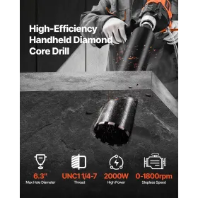 Diamond Core Drilling Machine, 20-160 mm Drilling Diameter, Handheld Dry and Wet Concrete Core Drill Rig with 4 Drill Bits, 0-18