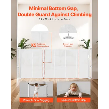 VEVOR Indtrækkelig babylåge, 870 mm høj, forlænges op til 1800 mm bred, indtrækkelig låge til børn eller kæledyr,