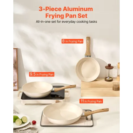 Frying Pan Skillet, Aluminum Egg Fry Pans, 3 Pcs (200, 240, 280 mm), Nonsitck Ceramic Heavy-Duty Skillets with Heat-Resistant Ha