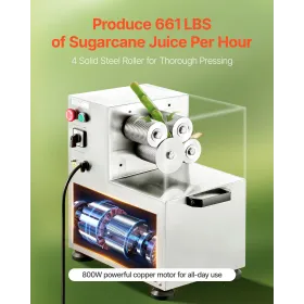 VEVOR Commercial Sugar Cane Juicer, 800W Electric Sugarcane Juicer Machine with 300KG/H High Output, 4 Stainless Steel Rollers, 