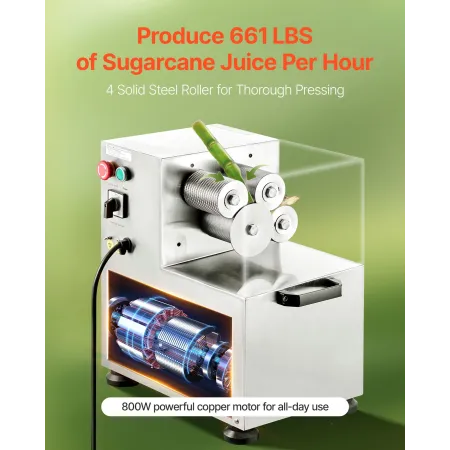VEVOR Commercial Sugar Cane Juicer, 800W Electric Sugarcane Juicer Machine with 300KG/H High Output, 4 Stainless Steel Rollers, 