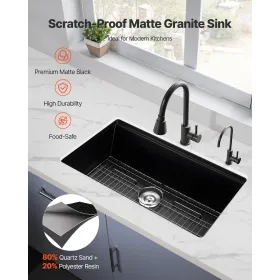 VEVOR 84 cm Kitchen Sink Workstation, Undermount Granite Sink, Drop-In Single Bowl Farmhouse Basin with Multiple Accessories, Ho