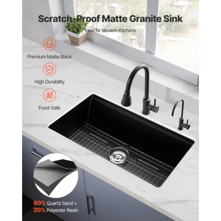 84 cm Kitchen Sink Workstation, Undermount Granite Sink, Drop-In Single Bowl Farmhouse Basin with Multiple Accessories, Househol