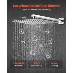 Shower Faucet Set, Rainfall Bathroom Shower System with 12-Inch (30.5cm) Square Rain Shower Head and Handheld Spray, Wall Mounte