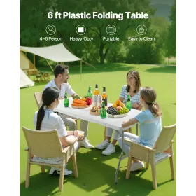 VEVOR Folding Table, 6 Ft Heavy Duty Portable Fold-in-Half Utility Table, Indoor Outdoor Plastic Rectangle Table with Built in H