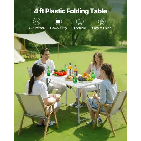 Folding Table, 4 Ft Heavy Duty Portable Fold-in-Half Utility Table, Indoor Outdoor Plastic Rectangle Table with Adjustable Heigh