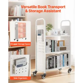 VEVOR Rolling Library Book Cart, 150 kg Capacity, 77 x 38 x 122 cm Library Cart, Single Sided L-Shaped Shelves with 76.2 mm Lock