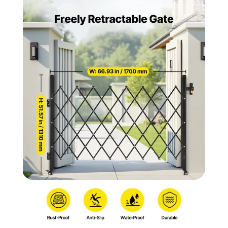 VEVOR Single Folding Security Gate, Lockable Scissor Gate with 360° Swivel Casters, Outdoor Barricade Steel Retractable Gates, f