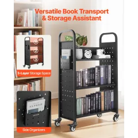Rolling Library Book Cart, 150 kg Capacity, 77 x 38 x 122 cm Library Cart, Single Sided L-Shaped Shelves with 76.2 mm Lockable W