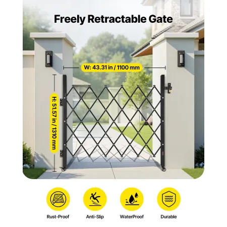 VEVOR Single Folding Security Gate, Lockable Scissor Gate with 360° Swivel Casters, Outdoor Barricade Steel Retractable Gates, f