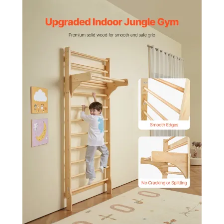 VEVOR Swedish Ladder Wall Gym, 10-Level Solid Wood Indoor Jungle Gym, 220lbs Loading Indoor Playground Climbing Ladder for Kid A