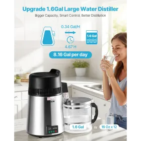 VEVOR Water Distiller, 6L 1.6 Gallon Larger Pure Water Purifier Filter For Home Table Countertop, 900W Glass Pot Distilled Maker