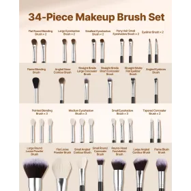 34-Piece Makeup Brush Set, Professional Brushes Kit for Foundation Blending Eyeshadow Concealer Blush - with Soft Bristles, Ergo