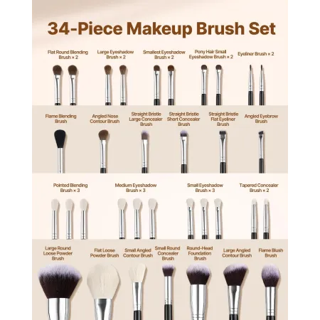 34-Piece Makeup Brush Set, Professional Brushes Kit for Foundation Blending Eyeshadow Concealer Blush - with Soft Bristles, Ergo
