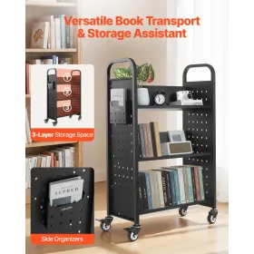 Rolling Library Book Cart, 150 kg Capacity, 77 x 38 x 122 cm Library Cart, Single Sided V-Shaped Shelves with 76.2 mm Lockable W